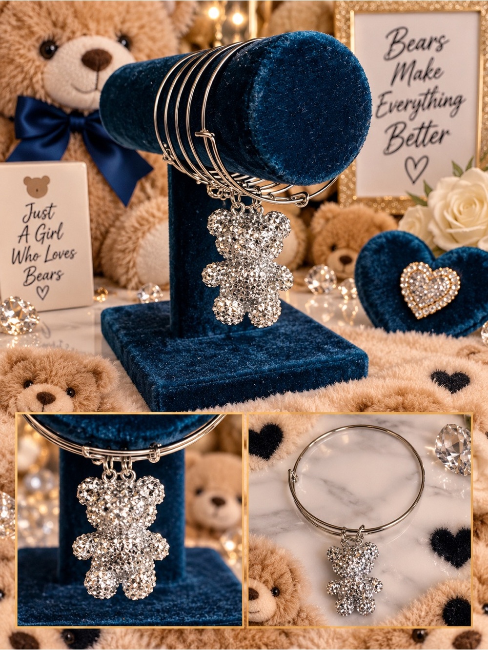 Sparkle Teddy Bear Charm Bangle Bracelet - Silver